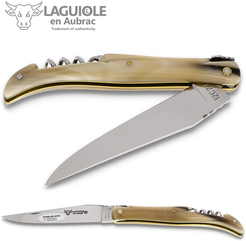 Laguiole en Aubrac Handcrafted Plated Multipurpose Knife, Full Solid Horn Handle with Corkscrew, 4.75 inches