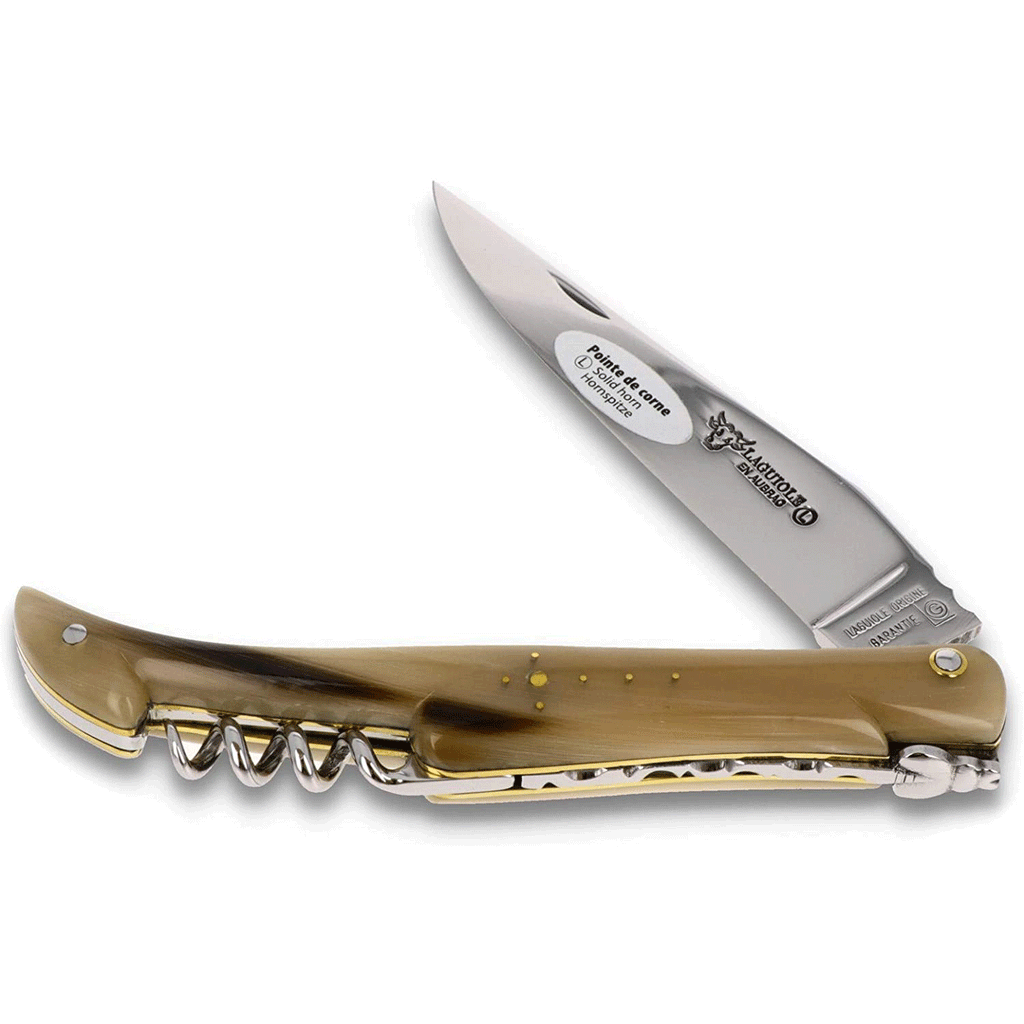 Laguiole en Aubrac Handcrafted Plated Multipurpose Knife, Full Solid Horn Handle with Corkscrew, 4.75 inches