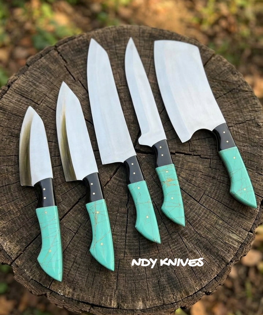 5-Piece J2 Stainless Steel Kitchen Knife Set – Mirror Polished with Resin Handles