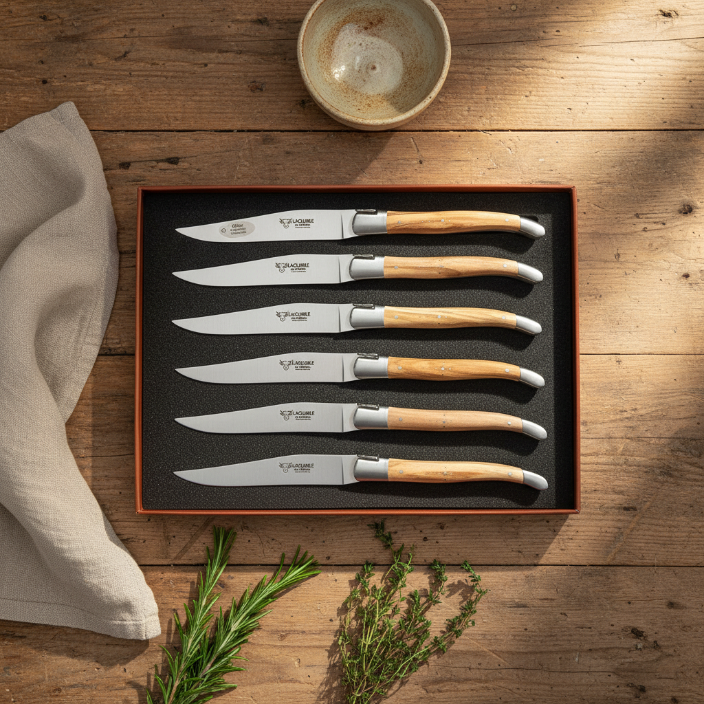 Laguiole en Aubrac Luxury Steak/Table Knives 6-Piece Set With Olive Wood Handle