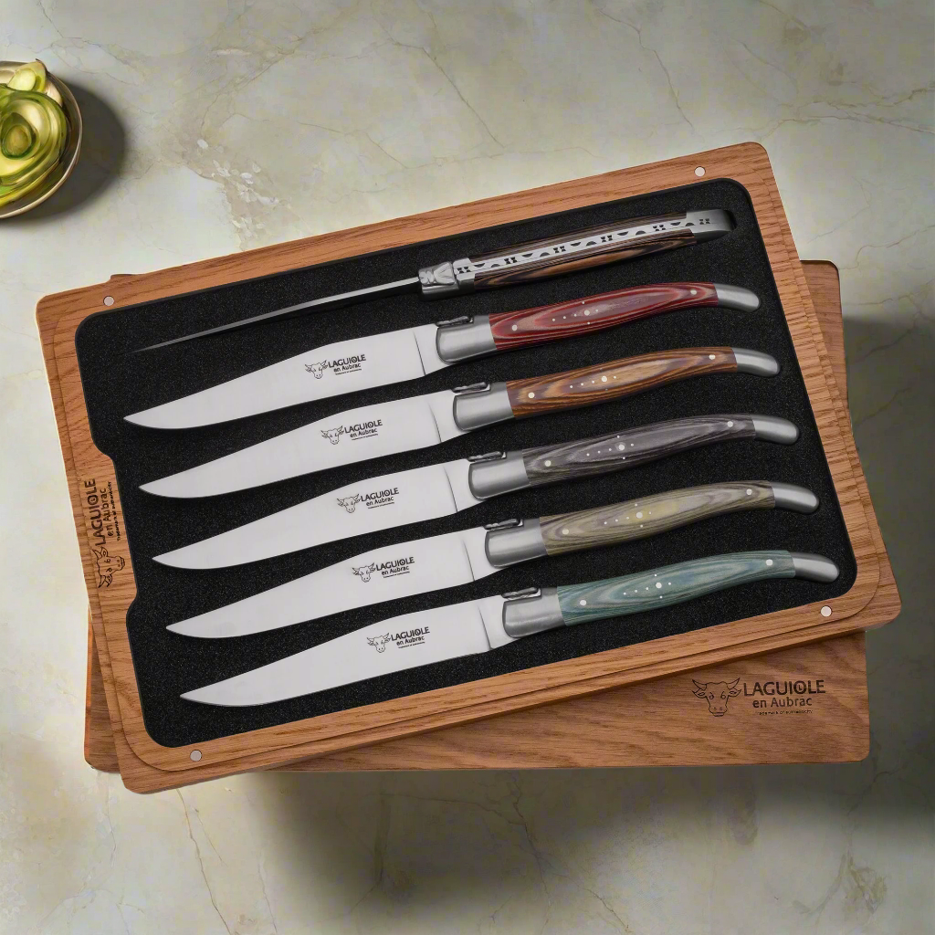 Laguiole en Aubrac Handcrafted 6-Piece Steak Knife Set with Mixed Pakkawood Handles