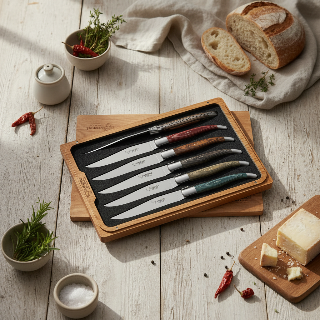 Laguiole en Aubrac Handcrafted 6-Piece Steak Knife Set with Mixed Pakkawood Handles