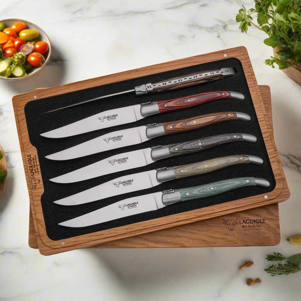 Laguiole en Aubrac Handcrafted 6-Piece Steak Knife Set with Mixed Pakkawood Handles