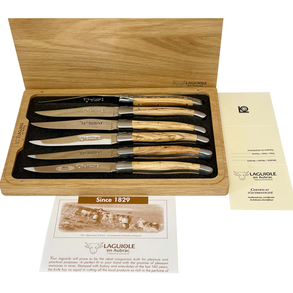 Laguiole en Aubrac Handcrafted 6-Piece Steak Knife Set with Olivewood Handles