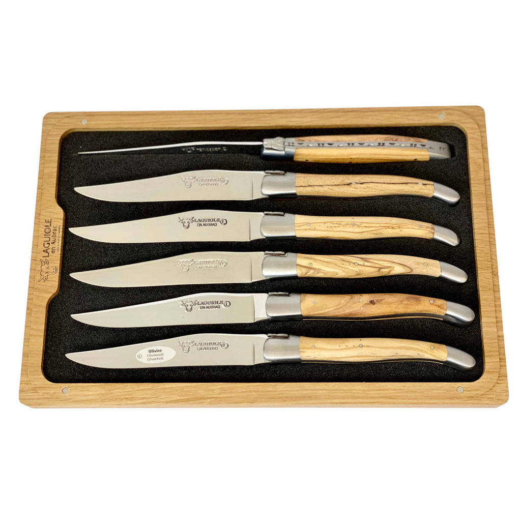 Laguiole en Aubrac Handcrafted 6-Piece Steak Knife Set with Olivewood Handles