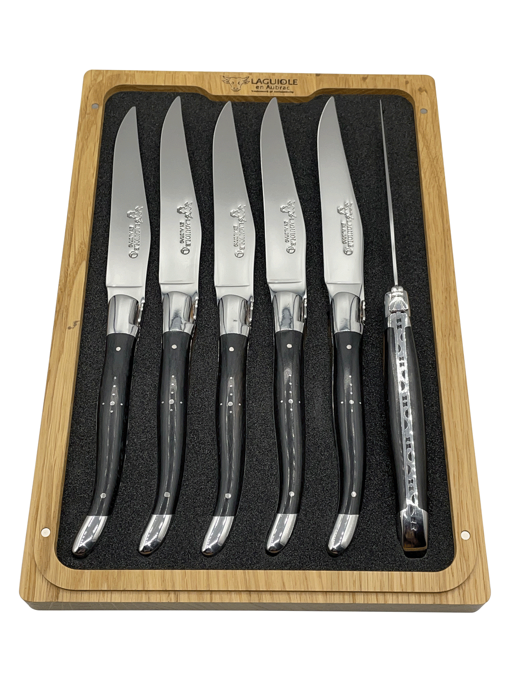 Laguiole en Aubrac Handcrafted 6-Piece Steak Knife Set with Ebony Handles, Polished Bolsters