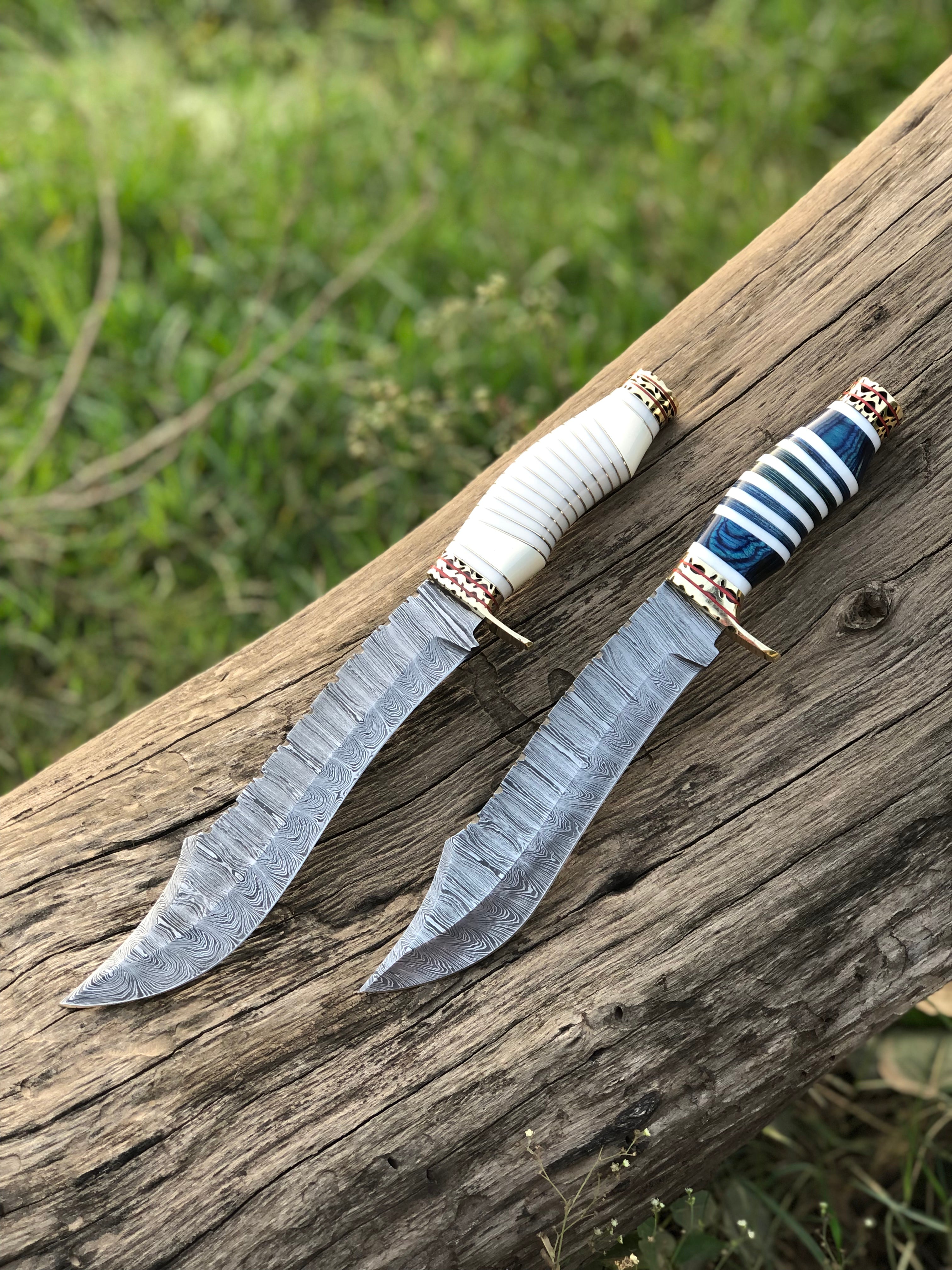 Custom Handmade Damascus Steel Bowie Knife with Brass Guard, Camel Bone and Brass Wood Handle - 13”