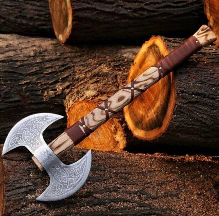 Handmade double-blade knife with D2 steel and ash wood handle, featuring a leather sheath, from Knives Gear Garage.