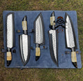 Set of five premium kitchen chef knives by cskforged with D2 steel, hand-forged handles, and sharp blades for culinary use.