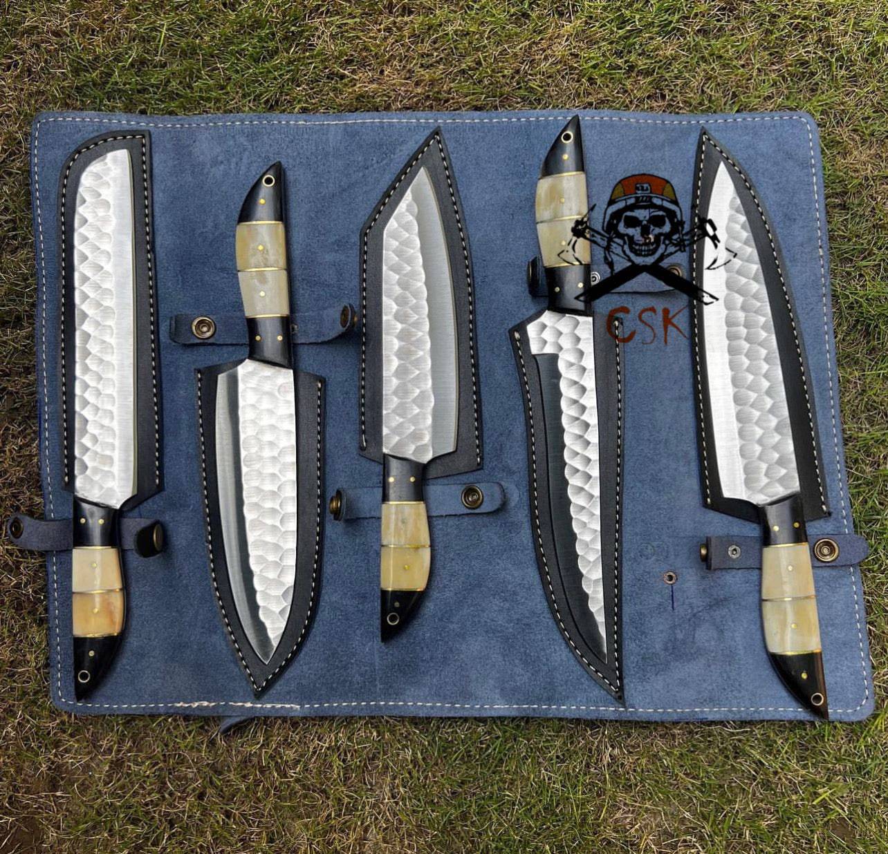 Set of five premium kitchen chef knives by cskforged with D2 steel, hand-forged handles, and sharp blades for culinary use.