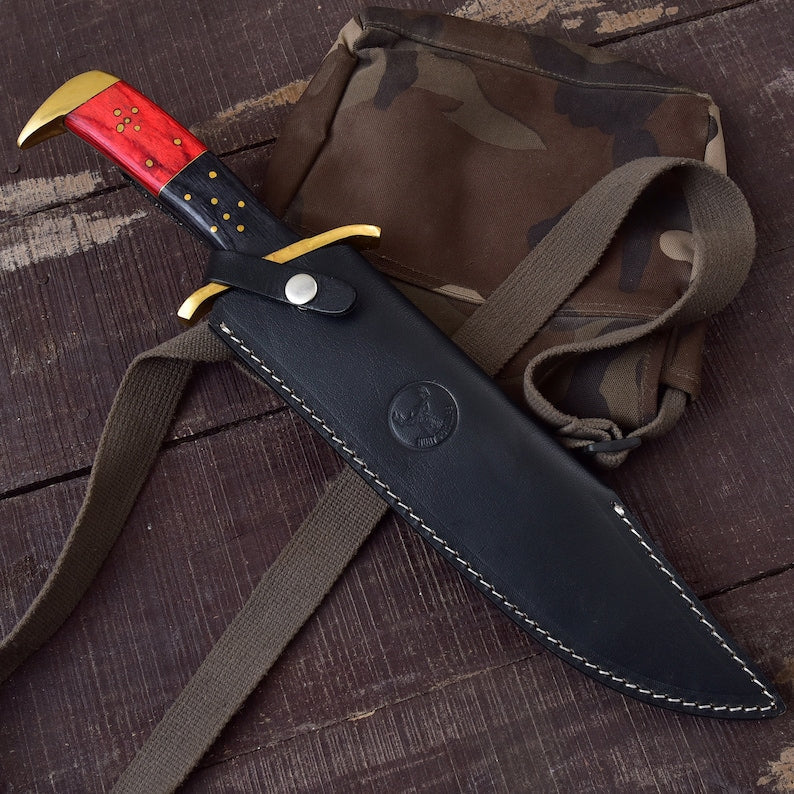 Premium Handmade Damascus Steel Rambo Bowie Knife with Brass Wood Handle & Leather Sheath