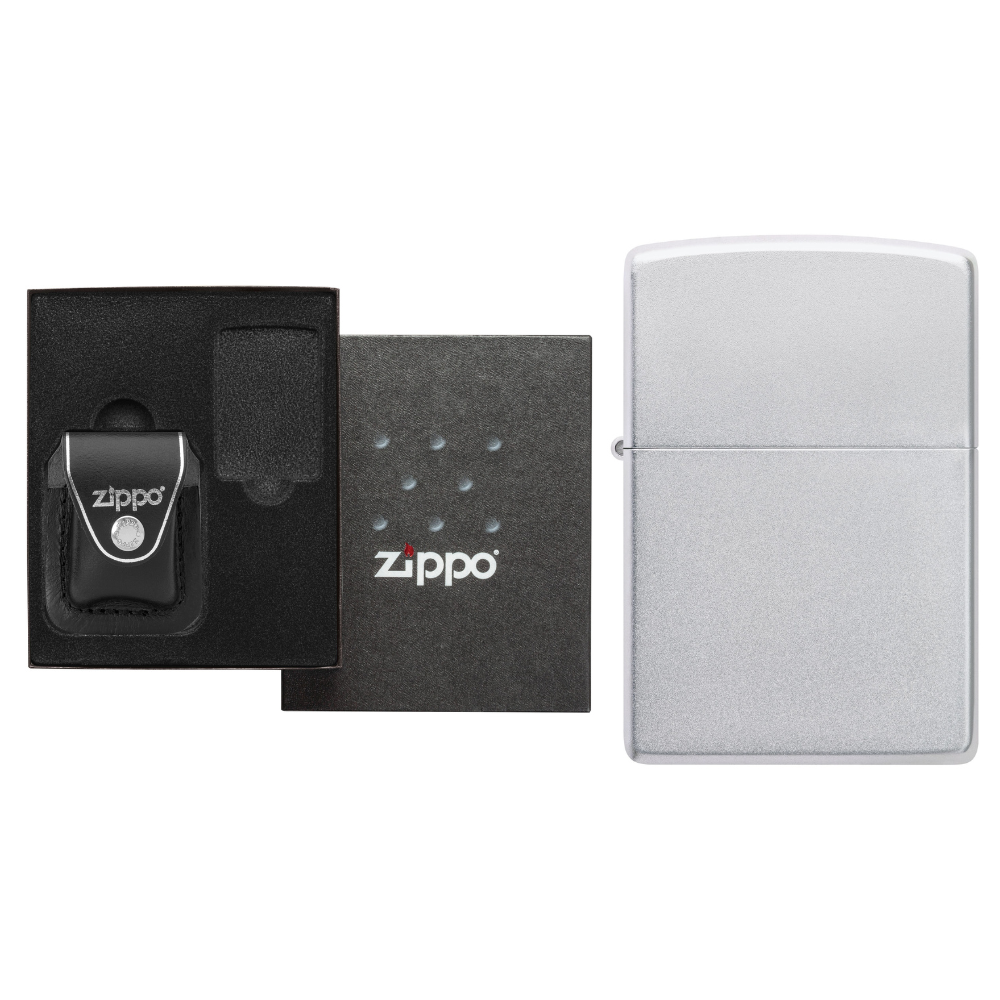 Zippo Satin Chrome & Leather Pouch Gift Set #LPGS-LPCBK-205