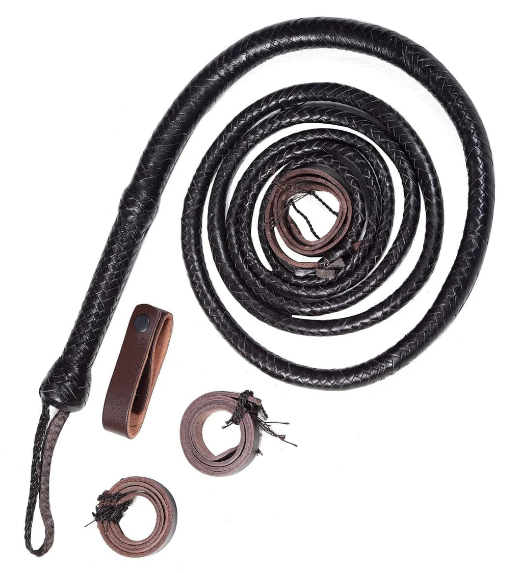 Black leather bullwhip by Knives Gear Garage, handcrafted cowhide whip in 4ft to 16ft length, showing detailed braided leather handle and tail.