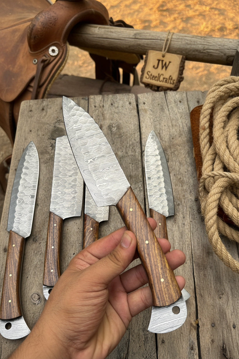 Hand Forged Damascus Chef Knife Set, Natural Wood Handle, Full Tang Kitchen Knife Collection