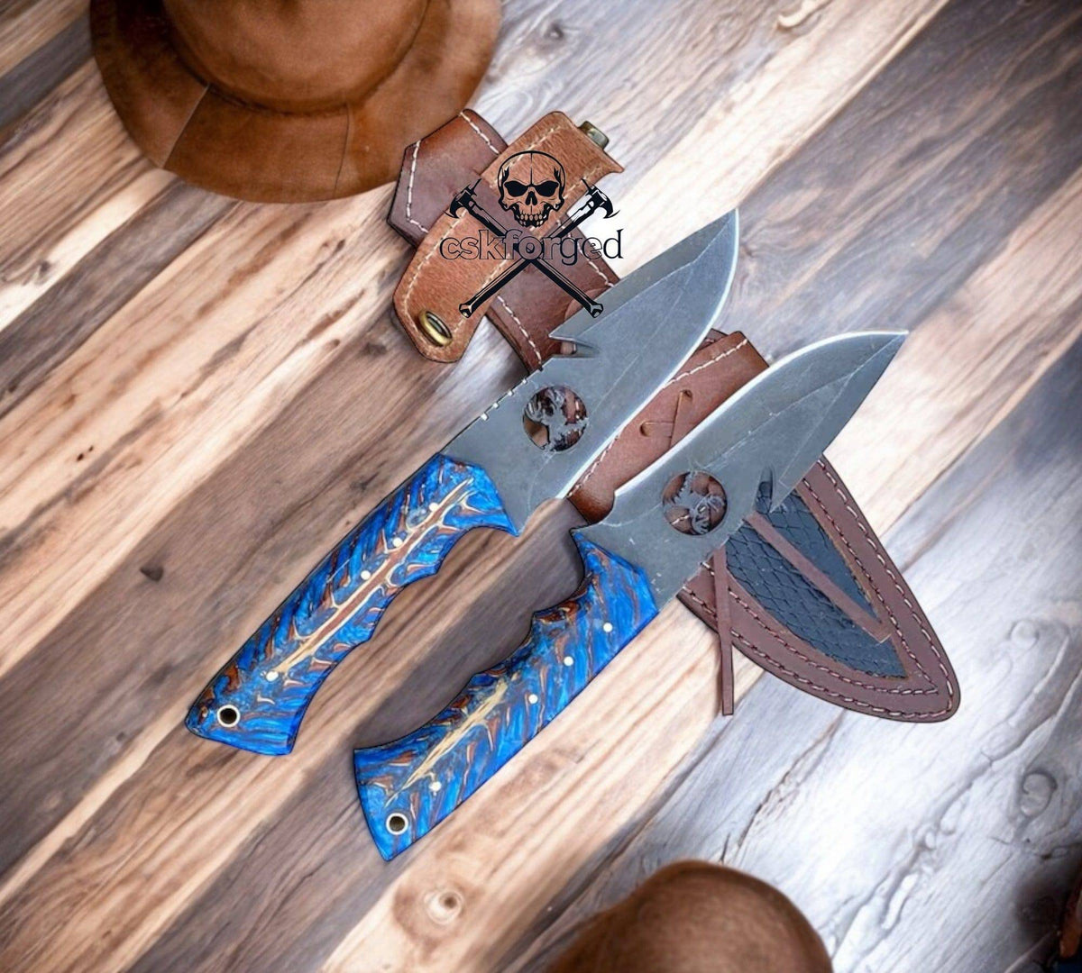 CSKforged deer hook knife set with acid wash blades and pinecone handles, ideal for hunting and outdoor use.