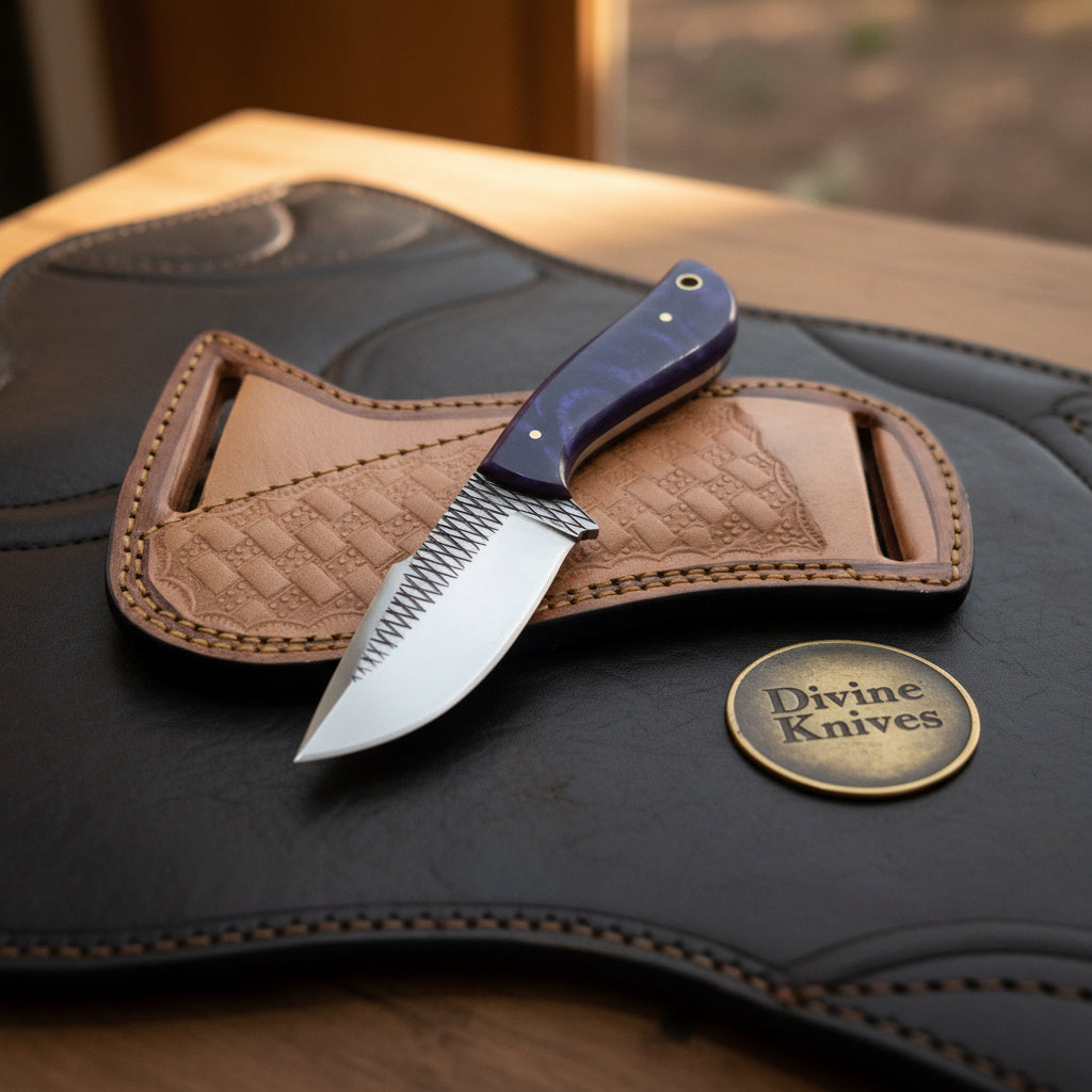 Purple Swirl Resin Rasp Cowboy Knife with Marbled Purple Handle