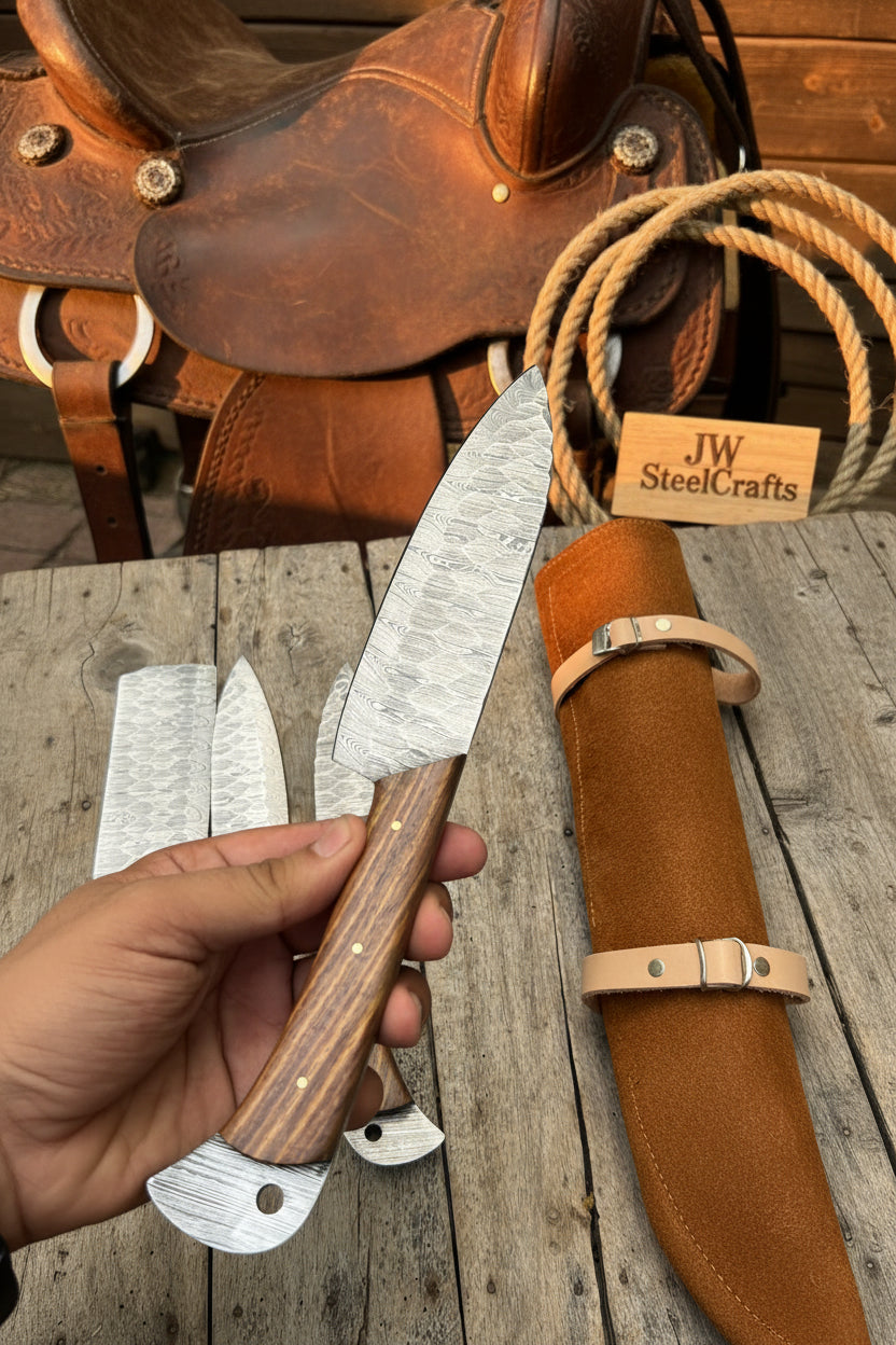Hand Forged Damascus Chef Knife Set, Natural Wood Handle, Full Tang Kitchen Knife Collection