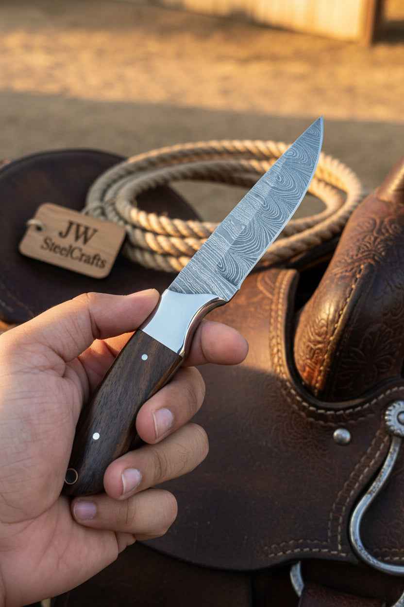 Darkwood Wide Skinner knife with 7-inch Damascus blade and dark wood handle by JW SteelCrafts, showing the detailed blade and handle.