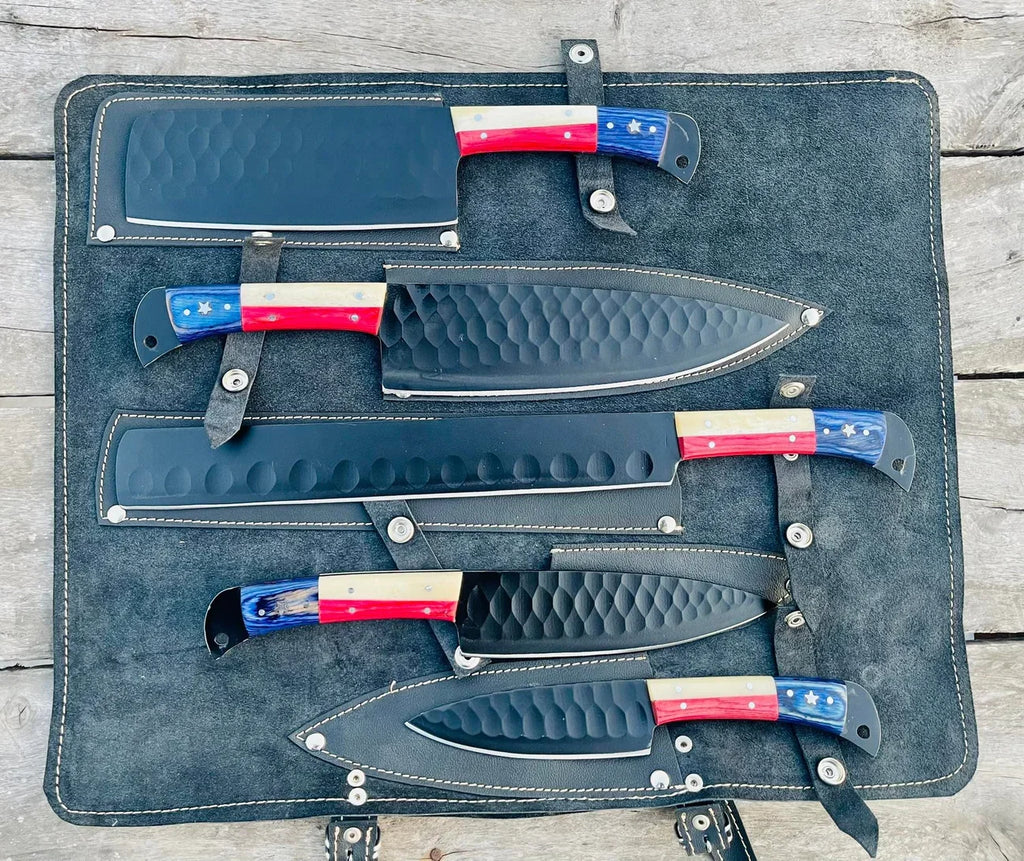 Set of six handmade BBQ, chef, and kitchen knives from Knives Gear Garage with wooden handles and stainless steel blades.