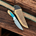 Handmade Damascus Belt Knife with turquoise epoxy resin handle, showcasing detailed Damascus steel blade and vibrant handle design.
