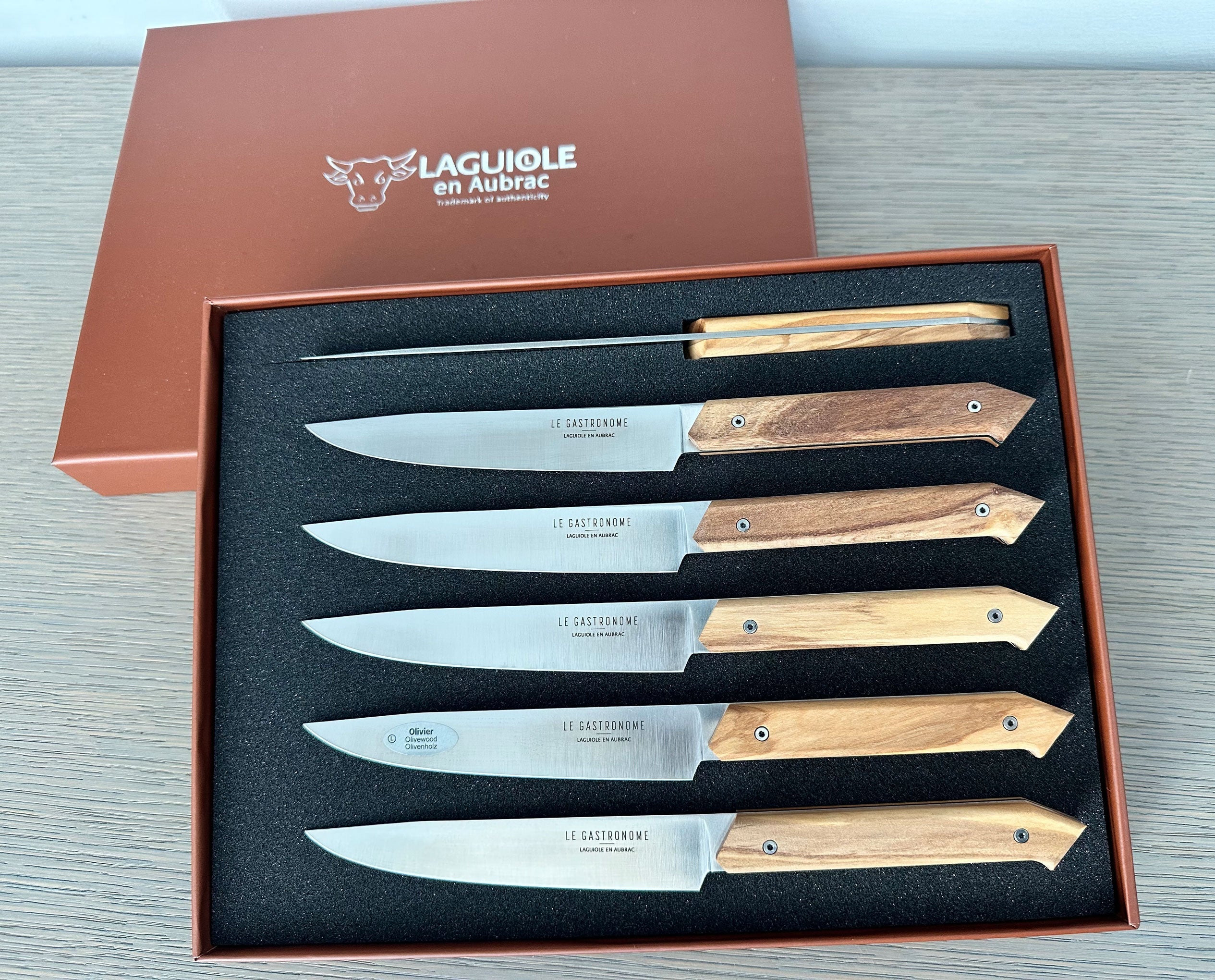 Laguiole en Aubrac Le Gastronome 6-Piece Steak Knife Set with Olivewood Handles