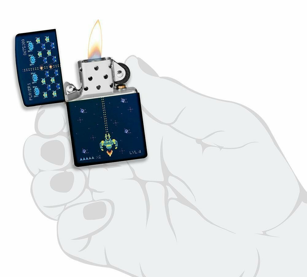 Zippo Space Invaders Pixel Retro Game, Navy Blue Matte Lighter #49114