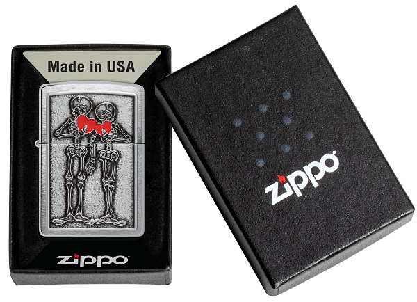 Zippo Romantic Skeleton Emblem, Brushed Chrome Lighter #48688