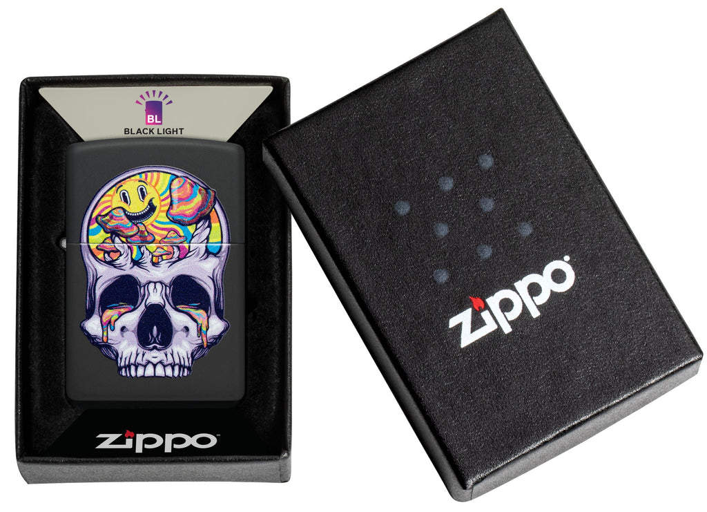 Zippo Psychedelic Skull Black Light, Black Matte Lighter #48737