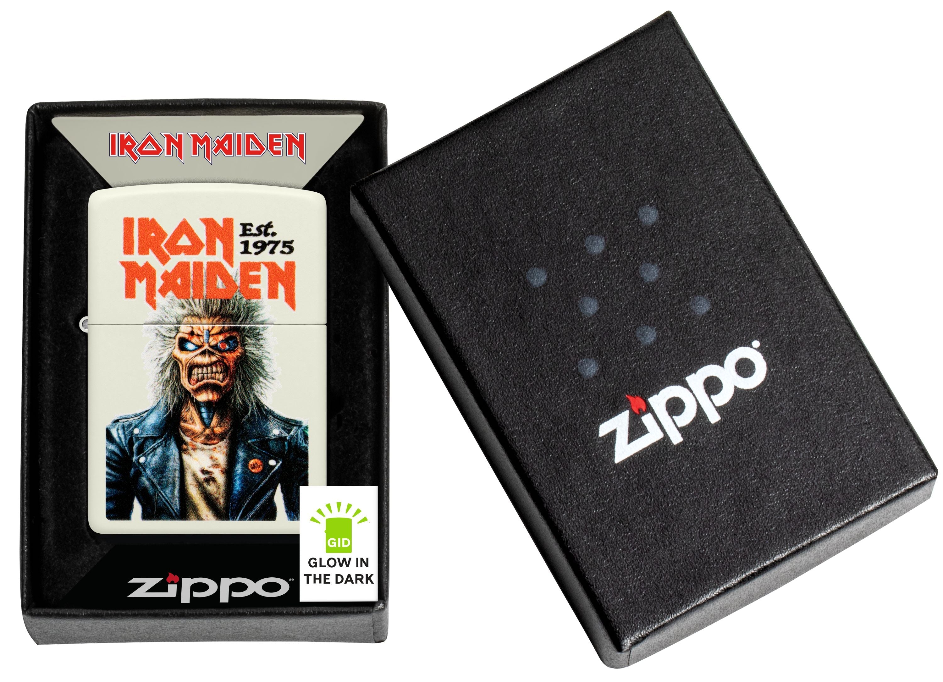 Zippo Iron Maiden Est 1975 Eddie, Glow-in-the-Dark Green Lighter #47198