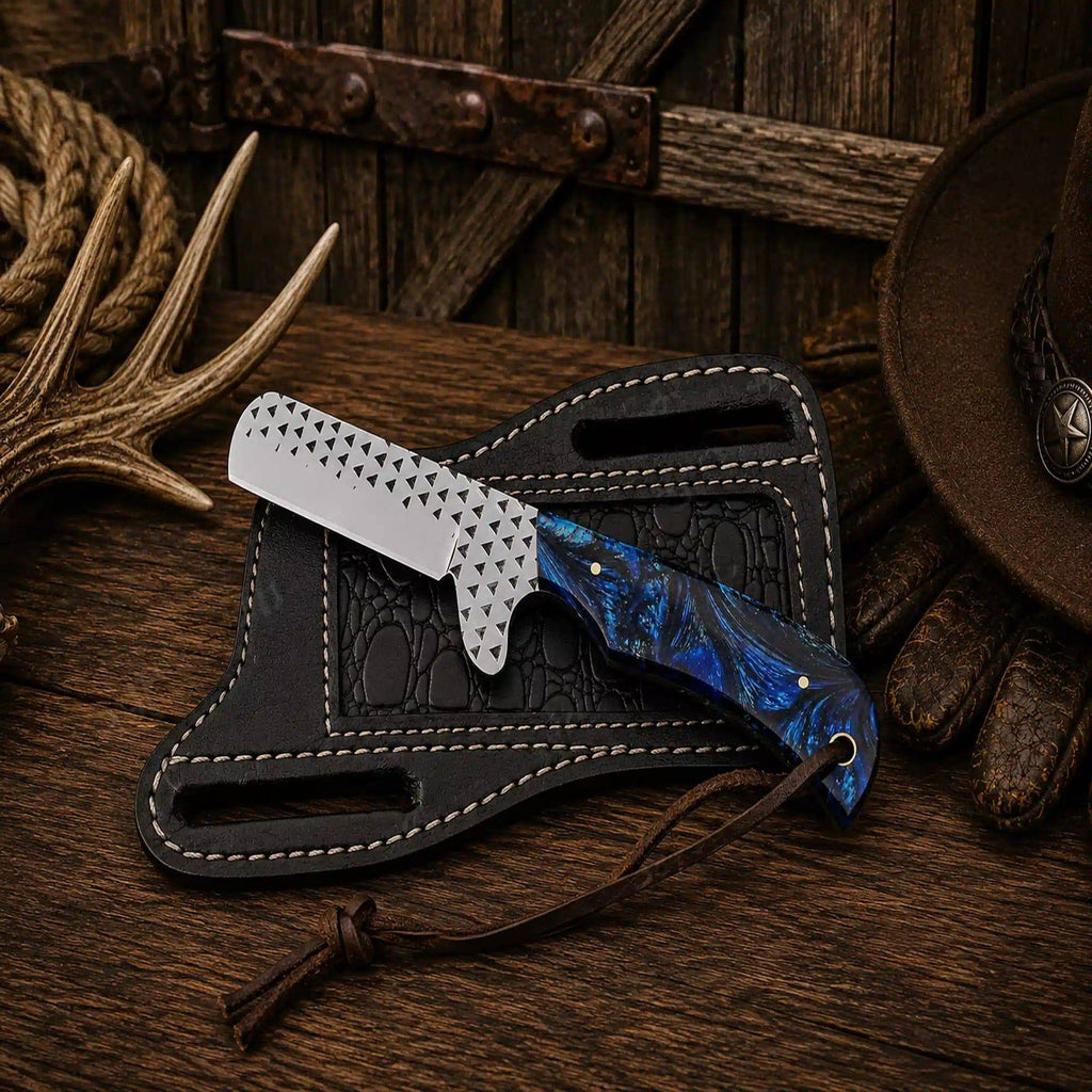 SHAM KNIVES cowboy knife with 7.5-inch D2 steel blade, blue epoxy resin handle, and pancake sheath, handmade fixed-blade cutter.