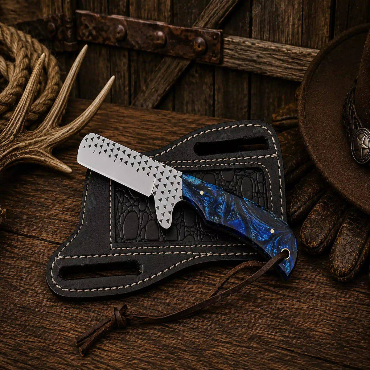 SHAM KNIVES cowboy knife with 7.5-inch D2 steel blade, blue epoxy resin handle, and pancake sheath, handmade fixed-blade cutter.