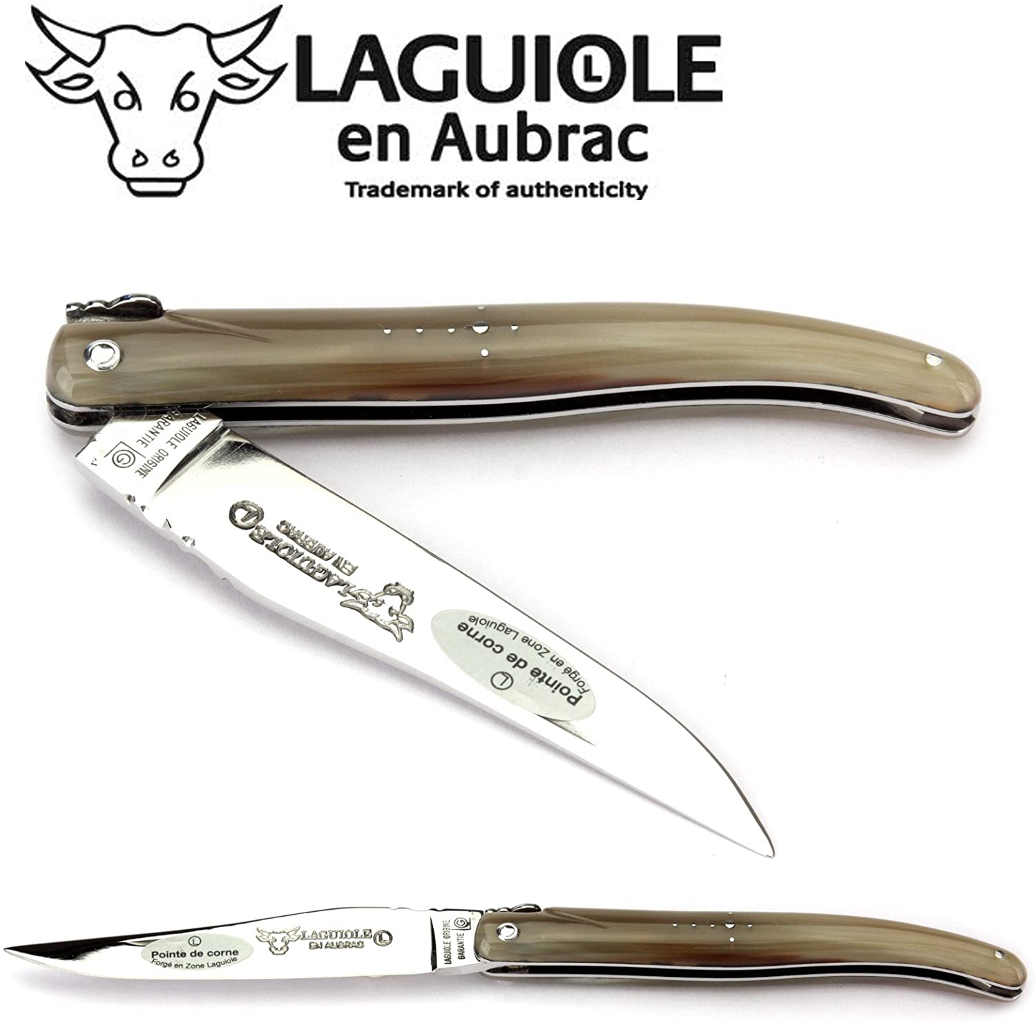 Laguiole en Aubrac Handcrafted Plated Multipurpose Knife, Full Solid Horn Handle, 4.75 inches