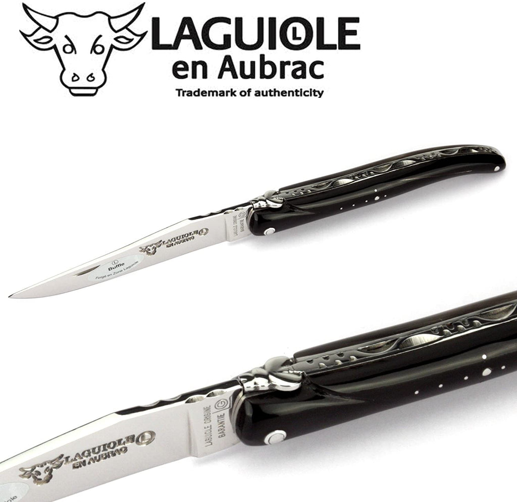 Laguiole en Aubrac Handcrafted Plated Multipurpose Knife, Full Buffalo Horn Handle, 4.75 inches