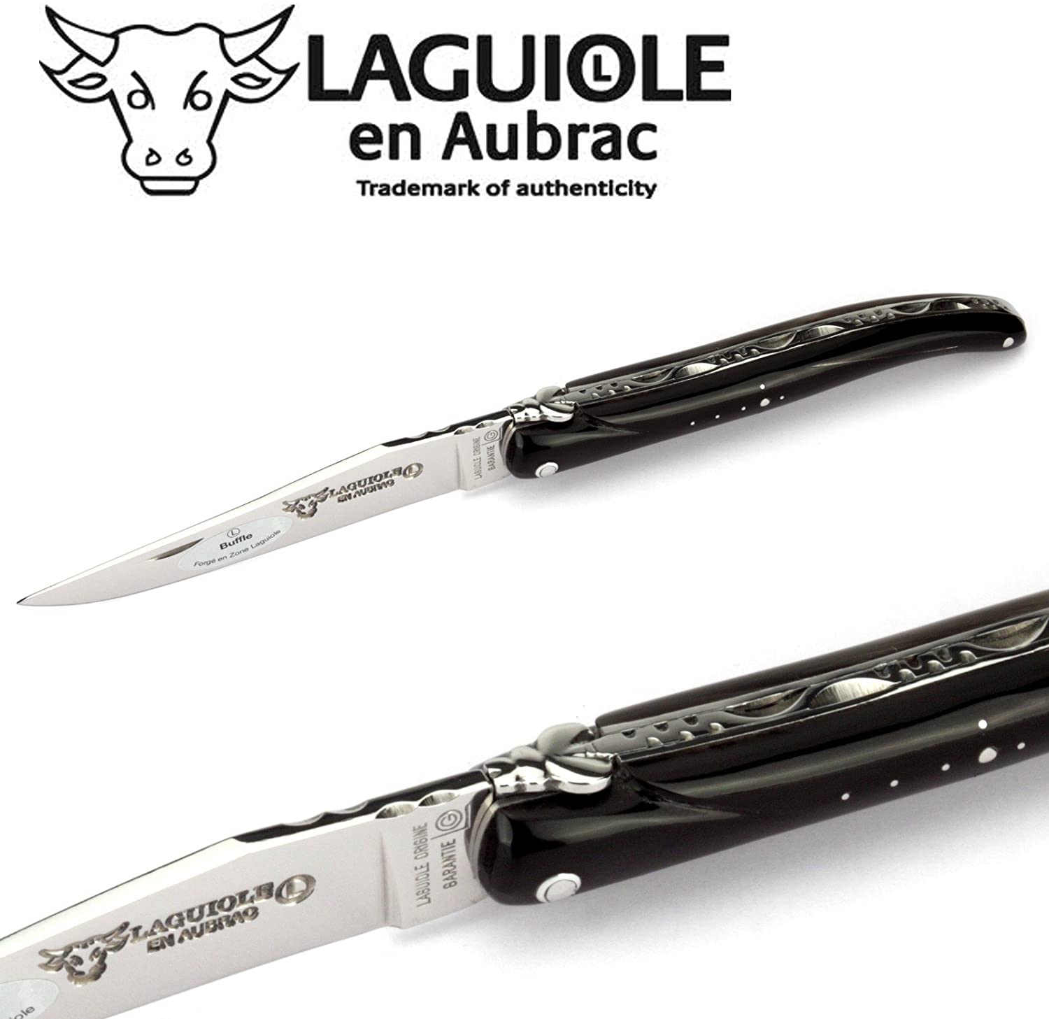 Laguiole en Aubrac Handcrafted Plated Multipurpose Knife, Full Buffalo Horn Handle, 4.75 inches