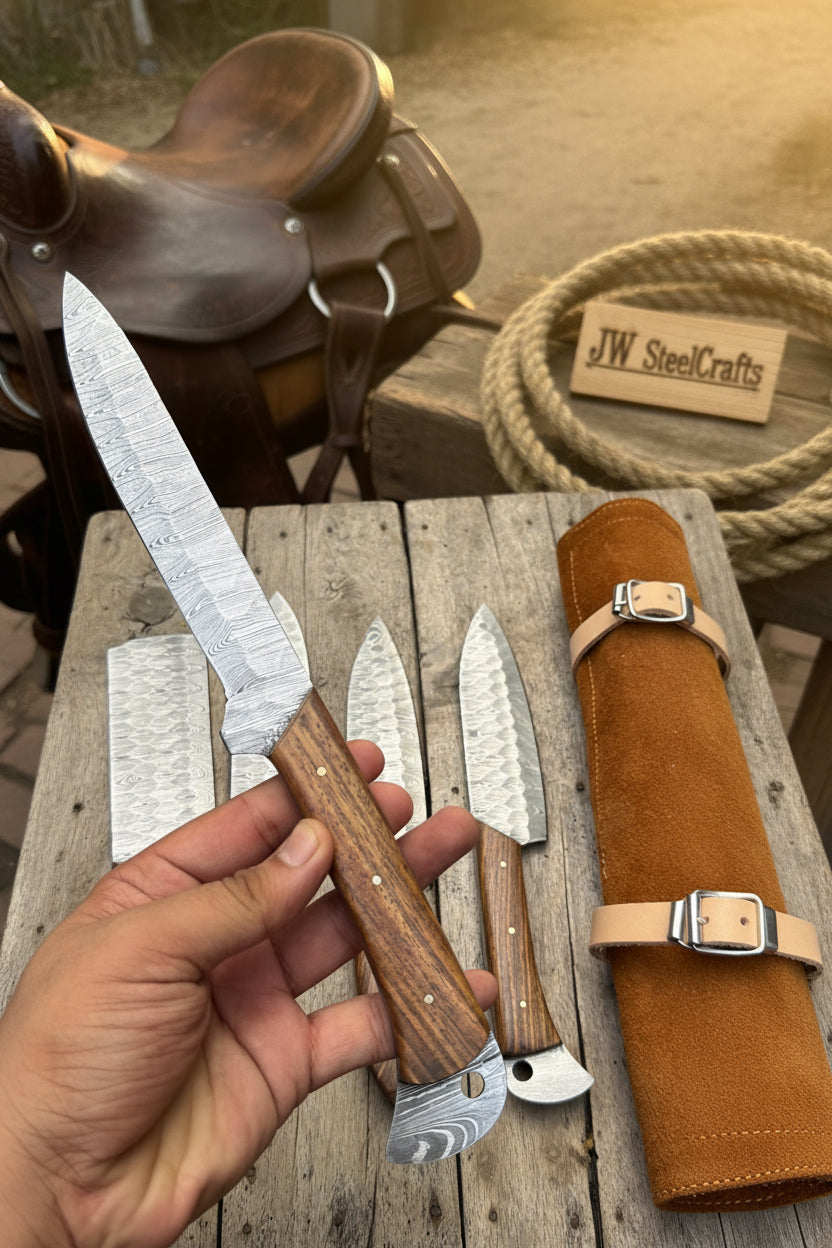 Hand Forged Damascus Chef Knife Set, Natural Wood Handle, Full Tang Kitchen Knife Collection