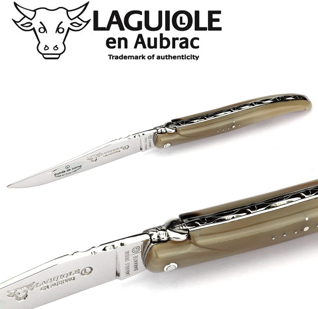 Laguiole en Aubrac Handcrafted Plated Multipurpose Knife, Full Solid Horn Handle, 4.75 inches