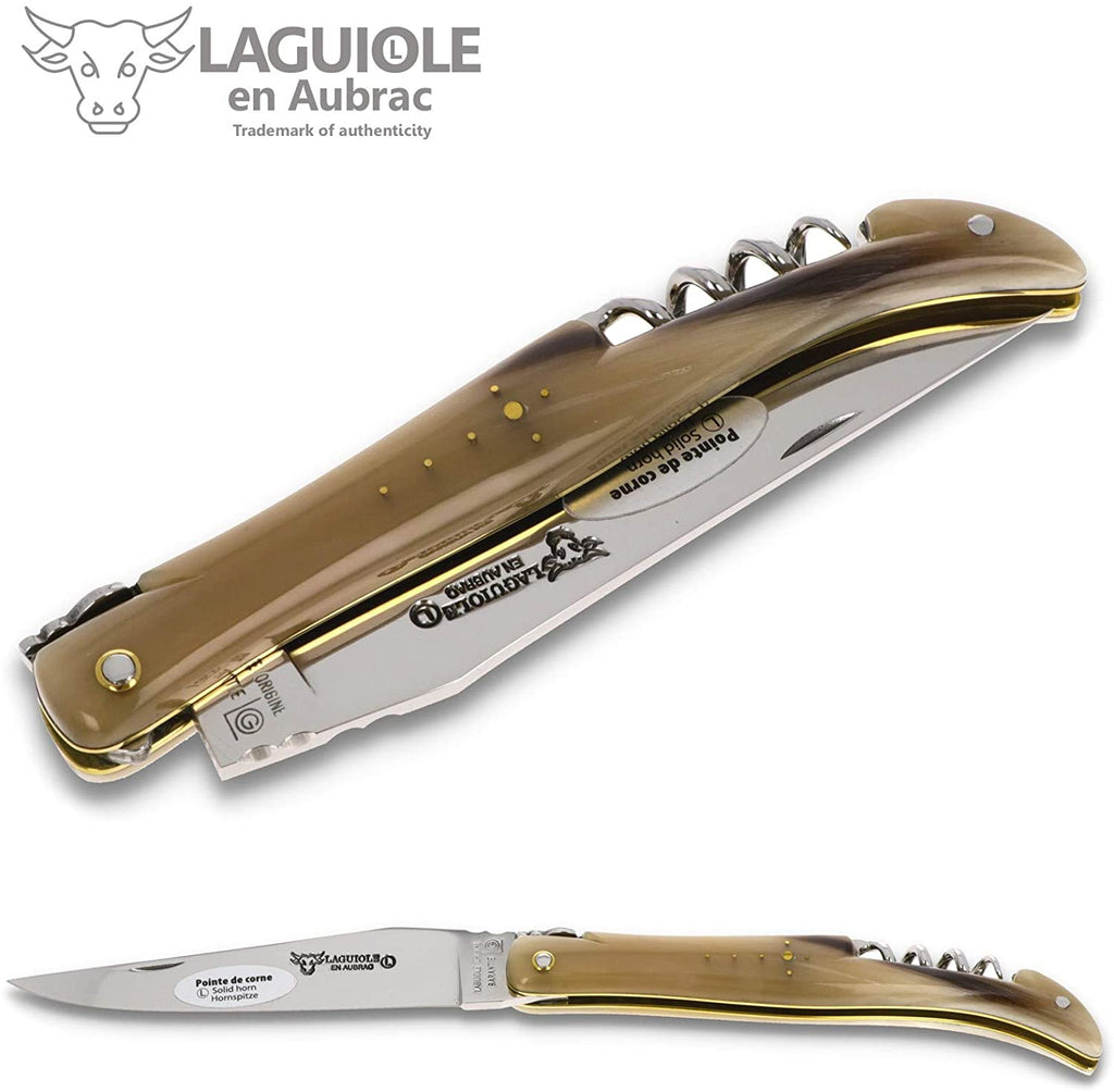 Laguiole en Aubrac Handcrafted Plated Multipurpose Knife, Full Solid Horn Handle with Corkscrew, 4.75 inches