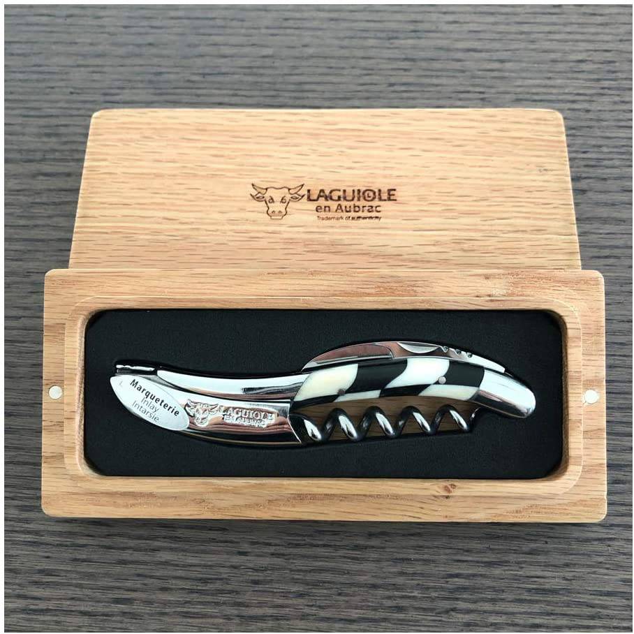 Handcrafted Sommelier Waiter's Corkscrew with Ebony & Bone Checkerboard Handle, Shiny Finish by Laguiole en Aubrac