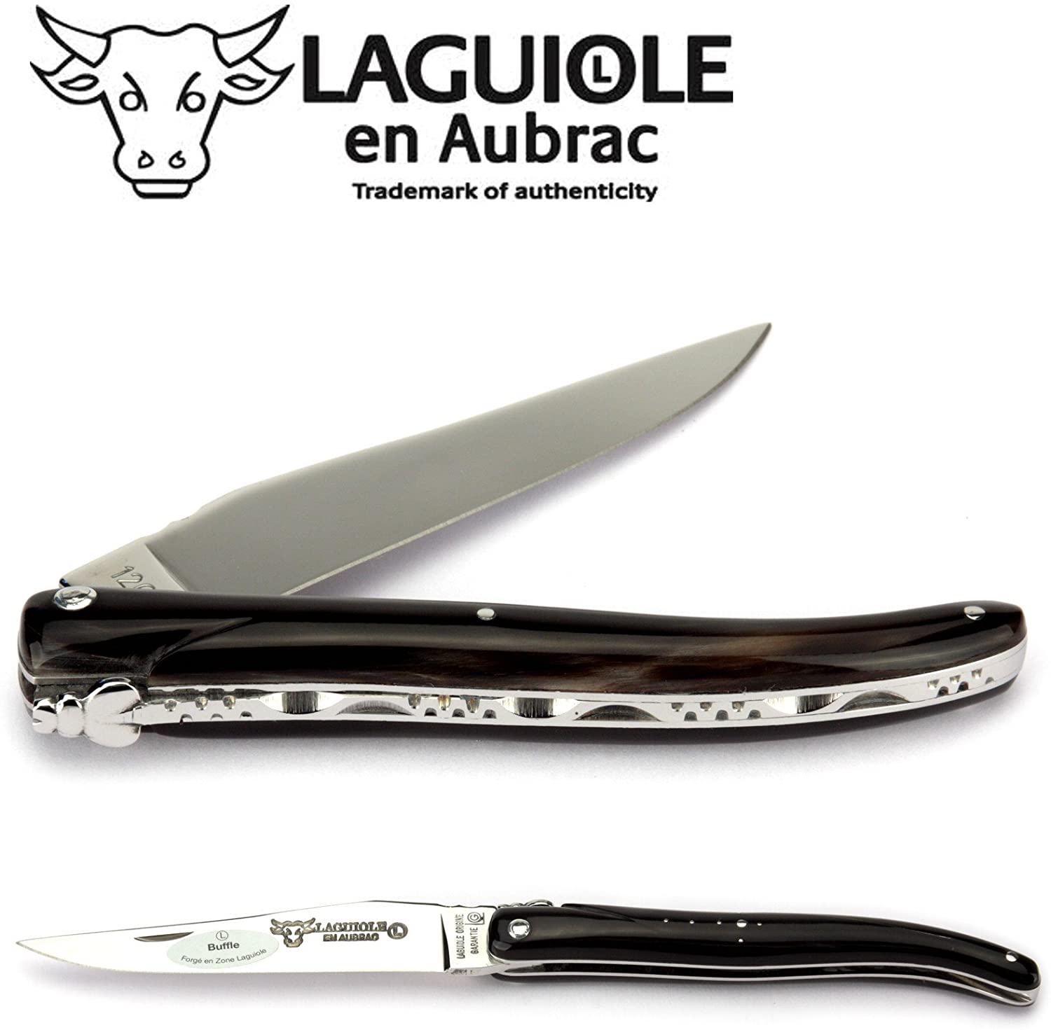 Laguiole en Aubrac Handcrafted Plated Multipurpose Knife, Full Buffalo Horn Handle, 4.75 inches