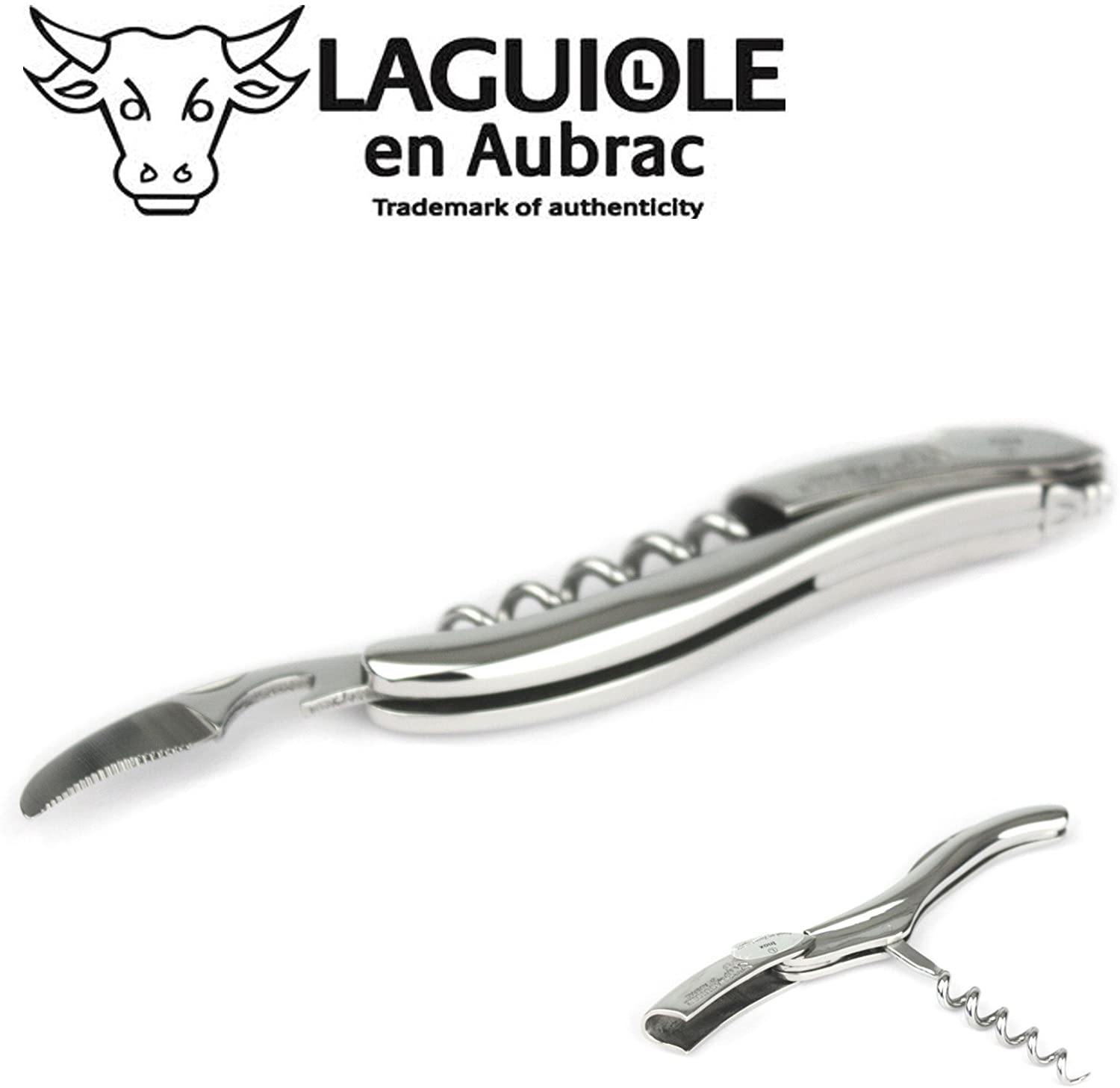 Handcrafted Sommelier Corkscrew Wine Opener with Polished Stainless Steel Handle by Laguiole en Aubrac