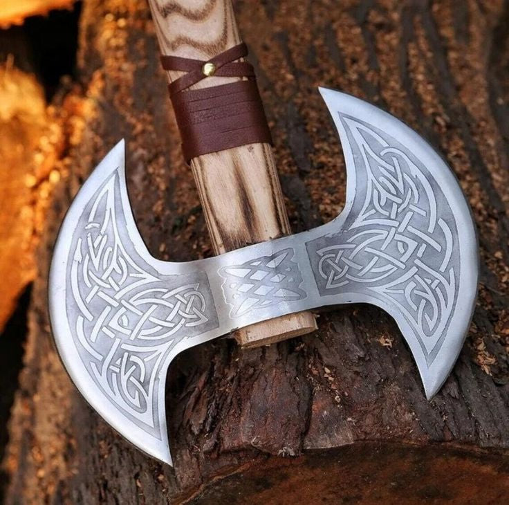 Custom handmade double-blade knife with engraved D2 steel blades and ash wood handle, includes high-quality leather sheath.