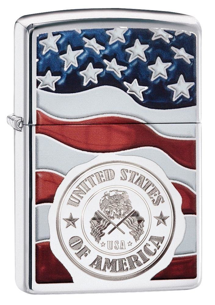 Zippo American Stamp on Flag, High Polish Chrome Lighter #29395