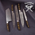 Handmade 13-inch Damascus steel chef knife with Micarta handle and leather sheath from Knives Gear Garage, ideal for precise kitchen prep.