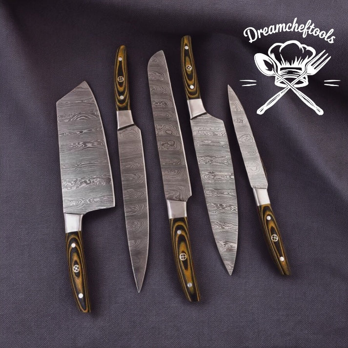 Handmade 13-inch Damascus steel chef knife with Micarta handle and leather sheath from Knives Gear Garage, ideal for precise kitchen prep.