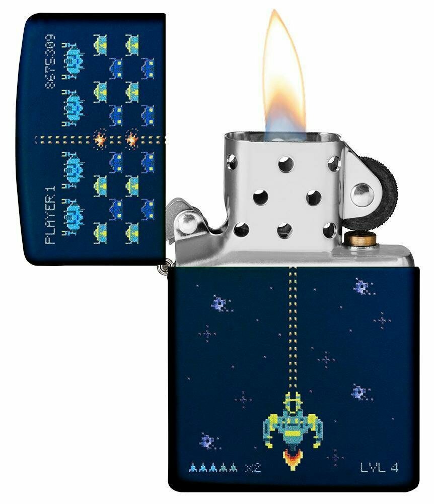 Zippo Space Invaders Pixel Retro Game, Navy Blue Matte Lighter #49114