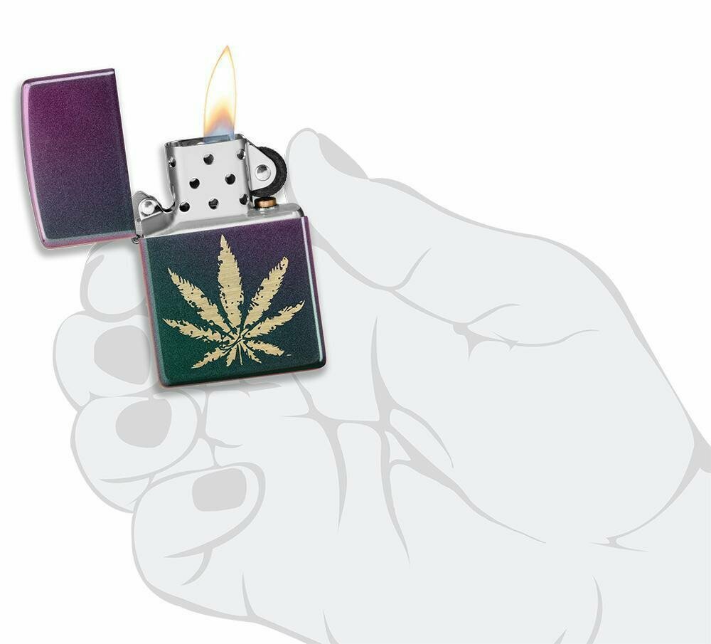 Zippo Brass Marijuana Leaf on Violet Satin, Iridescent Lighter #49185