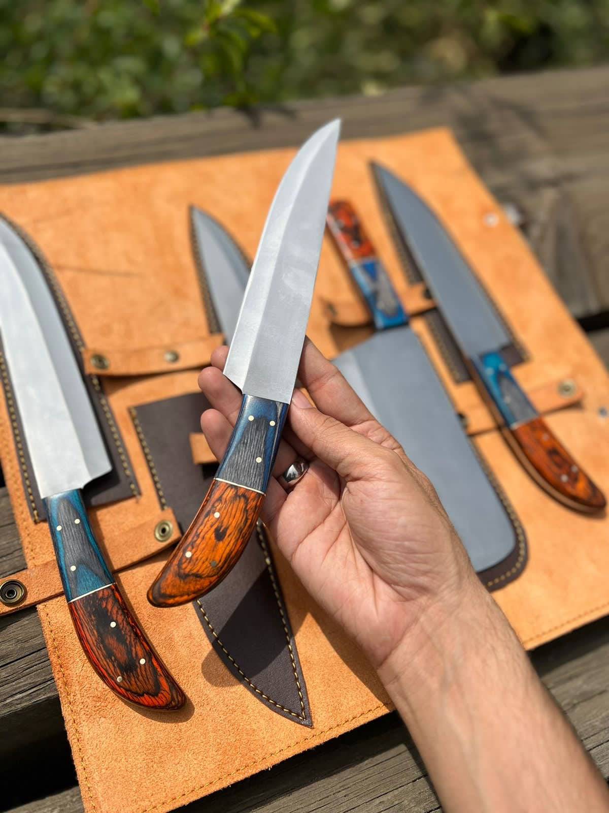 Handmade D2 steel kitchen knife set with wooden handles, displayed on a cutting board. High-quality knives from Knives Gear Garage.