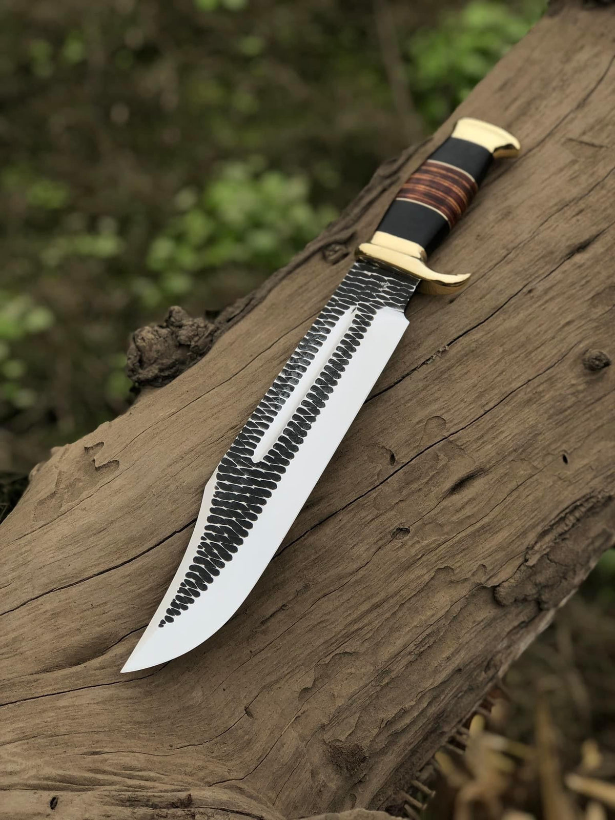 Hand-forged J2 Steel Bowie knife with brass guard and leather handle, 16-inch custom handmade knife from Knives Gear Garage.