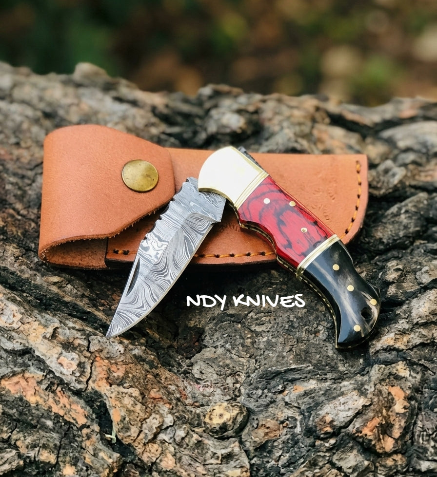 3.5" Damascus Steel Folding Pocket Knife – Pakkawood Brass EDC