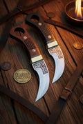 Engraved Double Karambit Set with Wood Handles